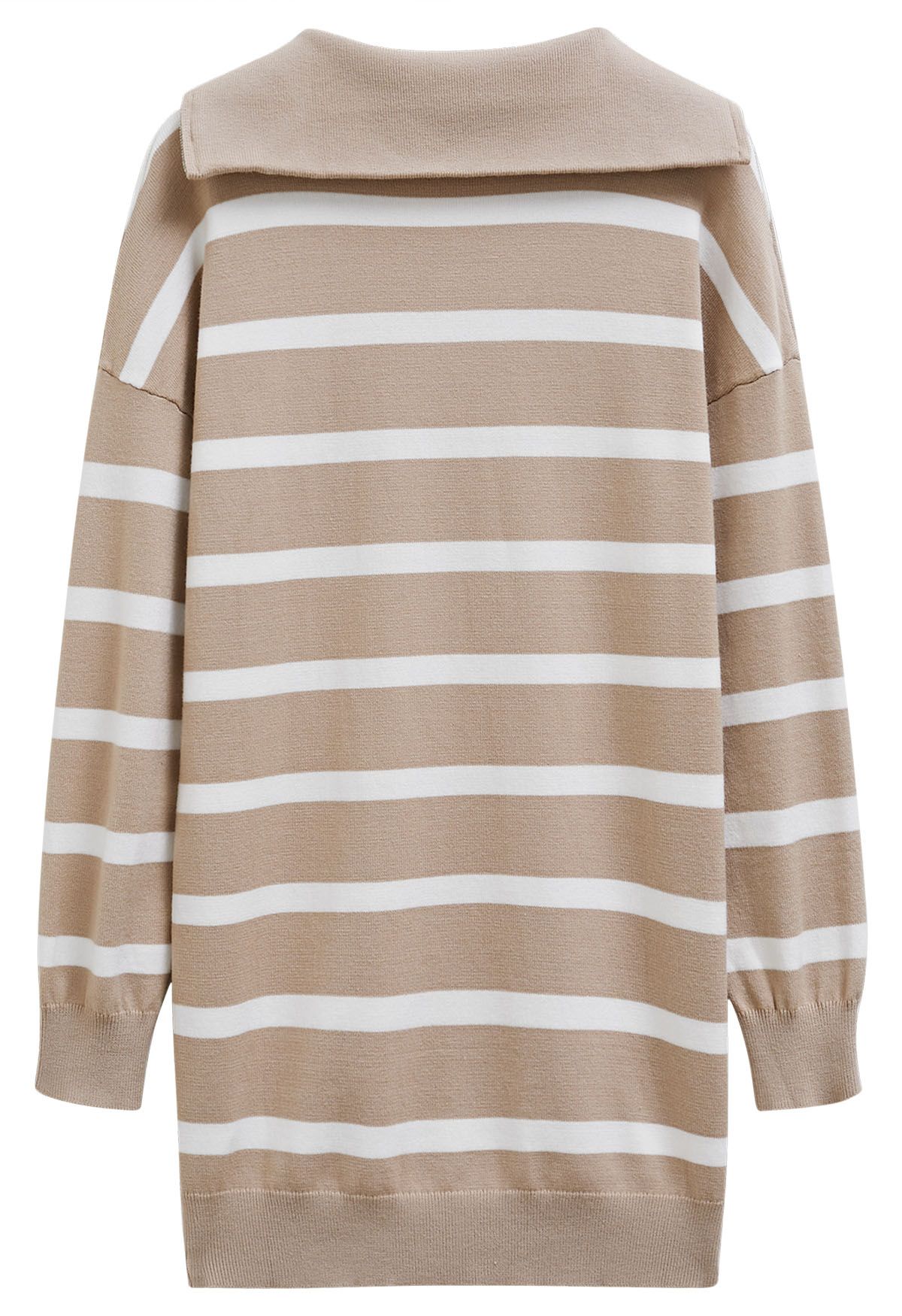 Broad-Striped Zipper Neck Knit Mini Dress in Camel