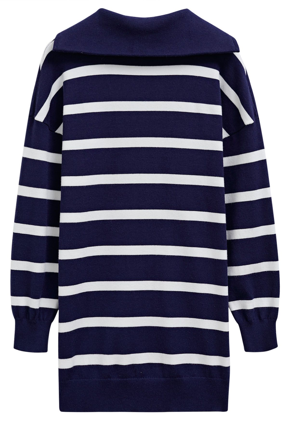 Broad-Striped Zipper Neck Knit Mini Dress in Navy