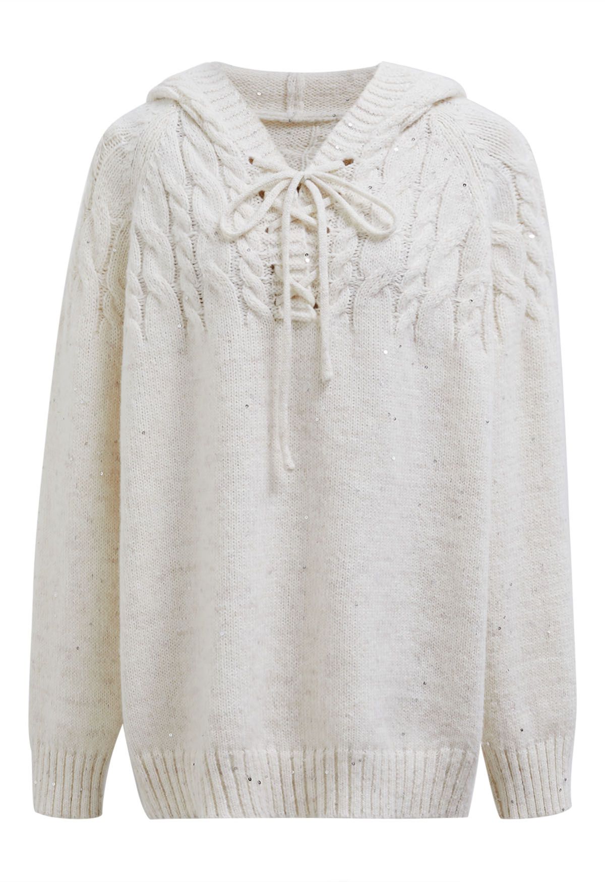 Lace-Up Hooded Braid Knit Sweater in White