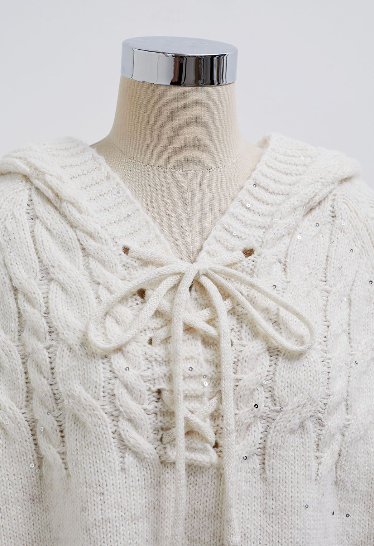 Lace-Up Hooded Braid Knit Sweater in White