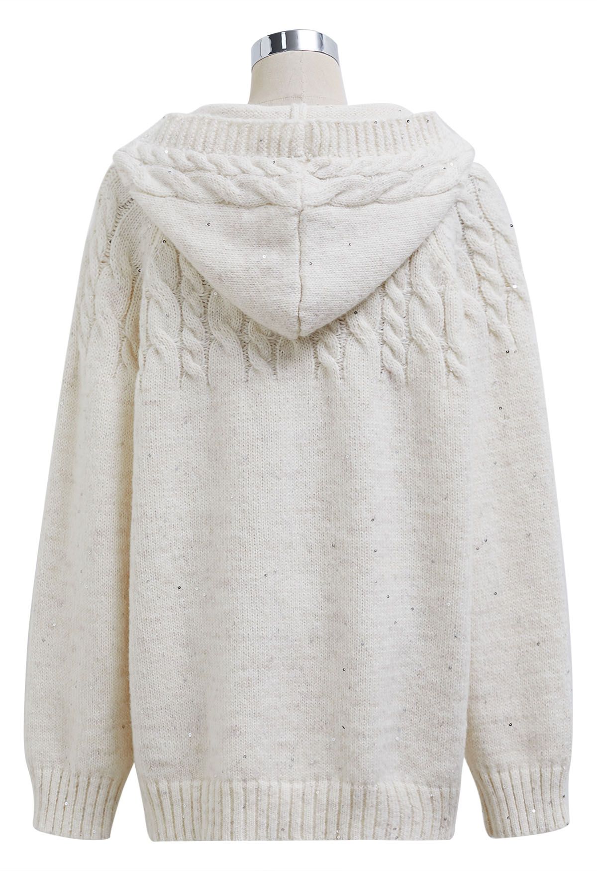 Lace-Up Hooded Braid Knit Sweater in White