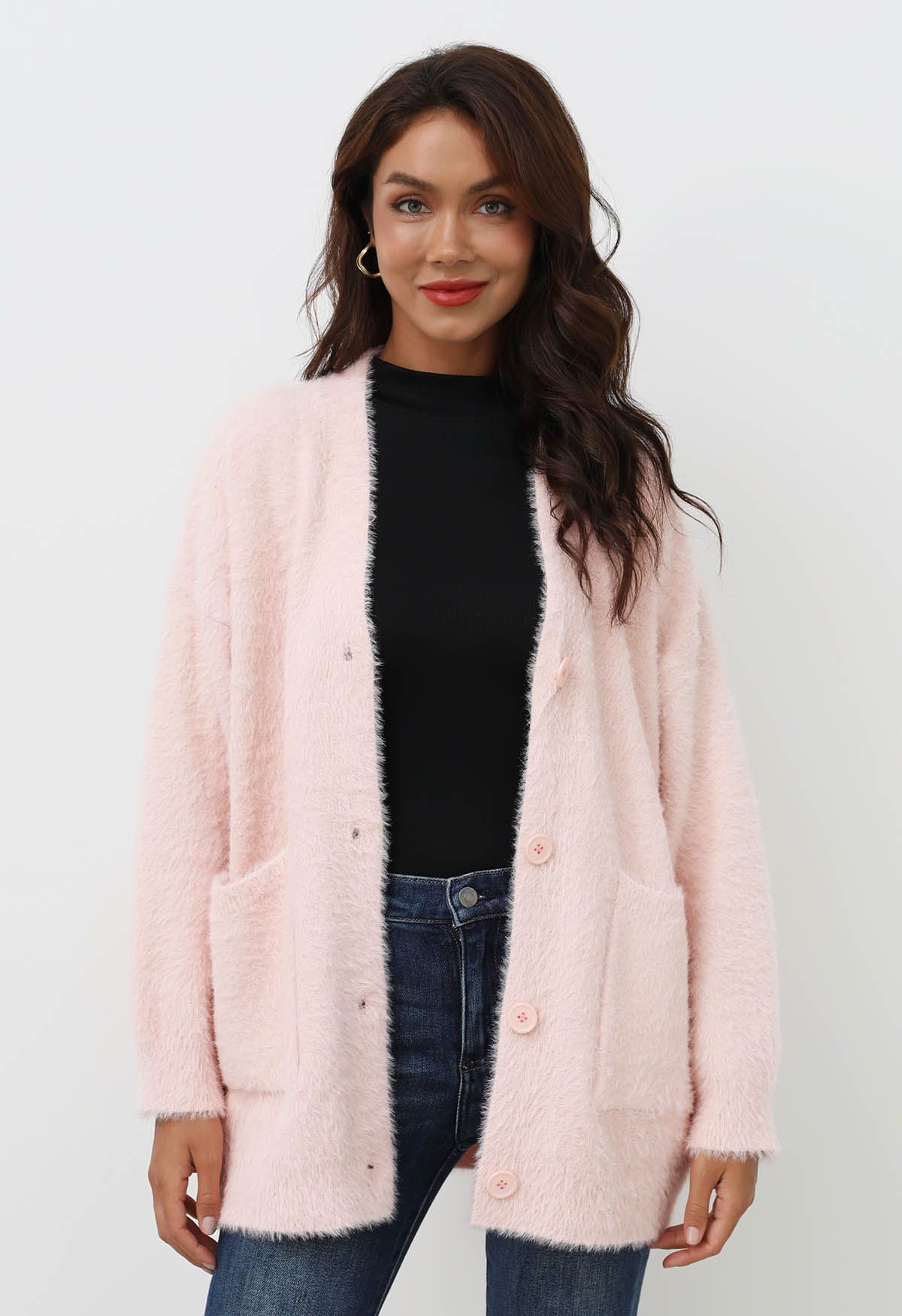 Patch Pocket Button Down Fluffy Knit Cardigan in Pink