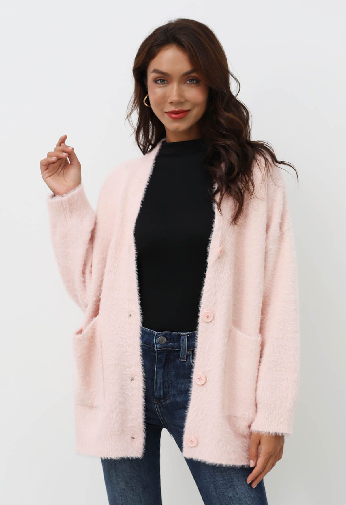 Patch Pocket Button Down Fluffy Knit Cardigan in Pink