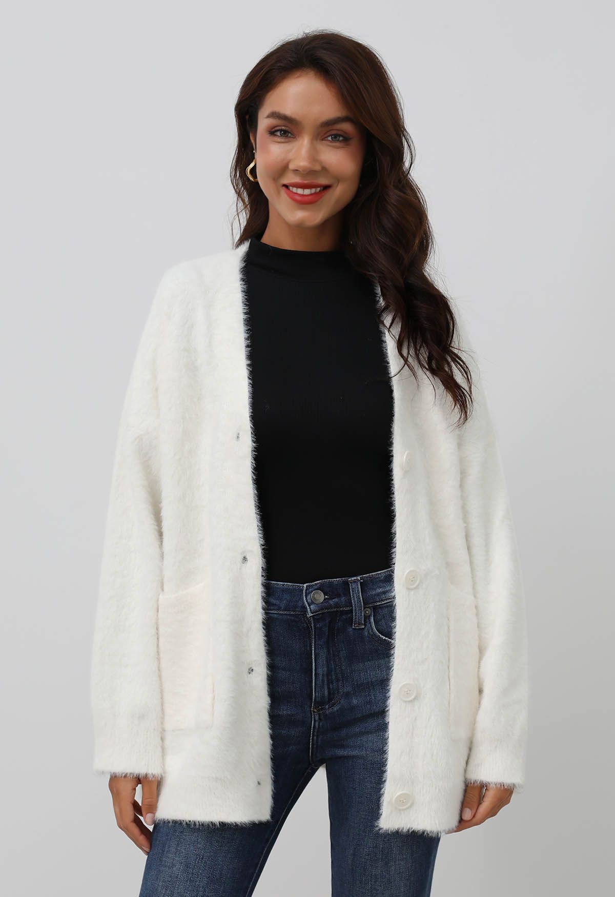 Patch Pocket Button Down Fluffy Knit Cardigan in White