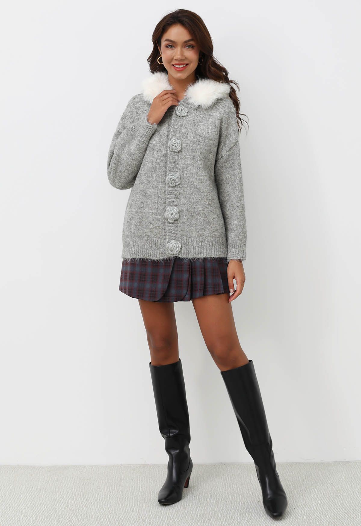 Stitch Rose Button Faux Fur Hooded Knit Cardigan in Grey