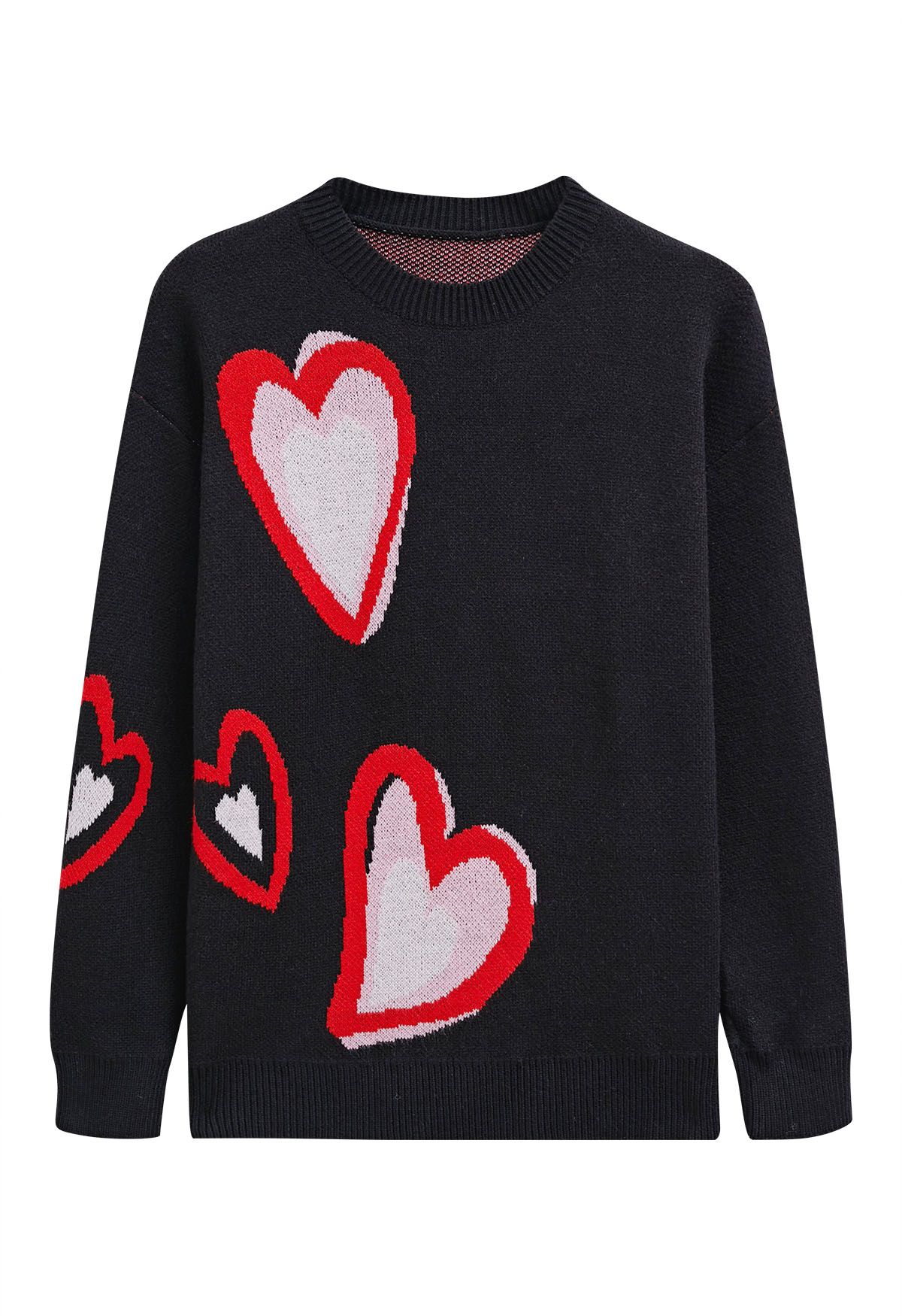 Heart Fluttering Crew Neck Knit Sweater in Black