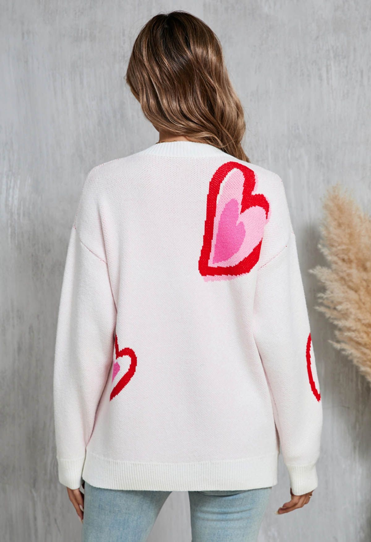 Heart Fluttering Crew Neck Knit Sweater in White