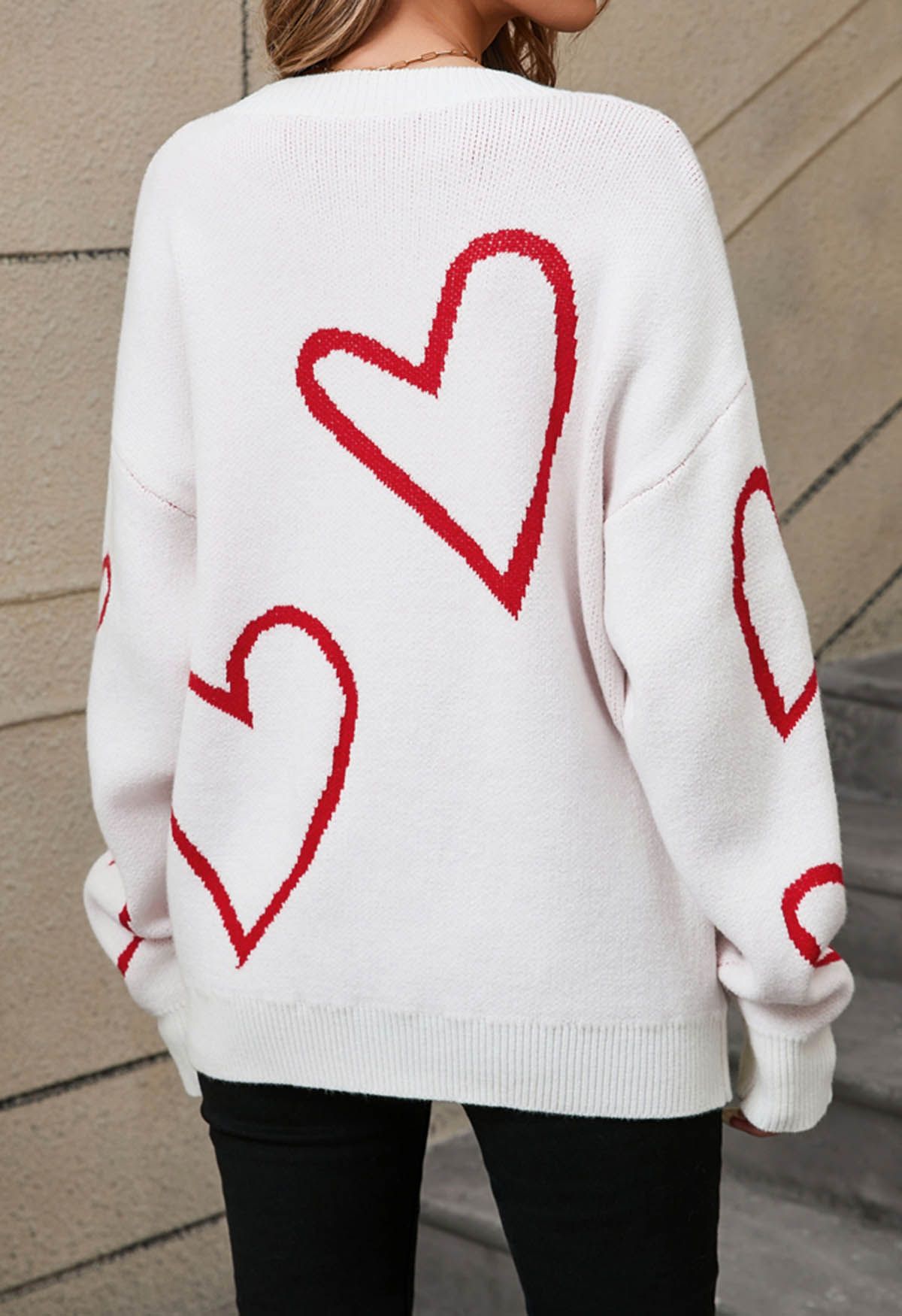 Heart Doodles Crew Neck Knit Sweater in White