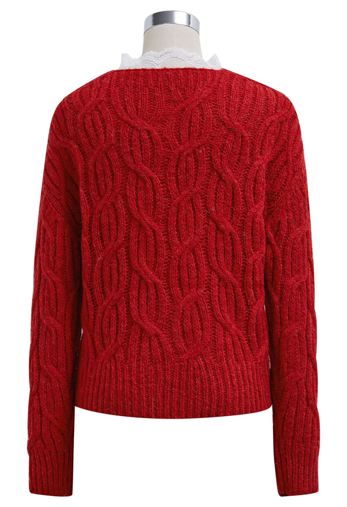 Lace Trim Crisscross Cable-Knit Sweater in Red