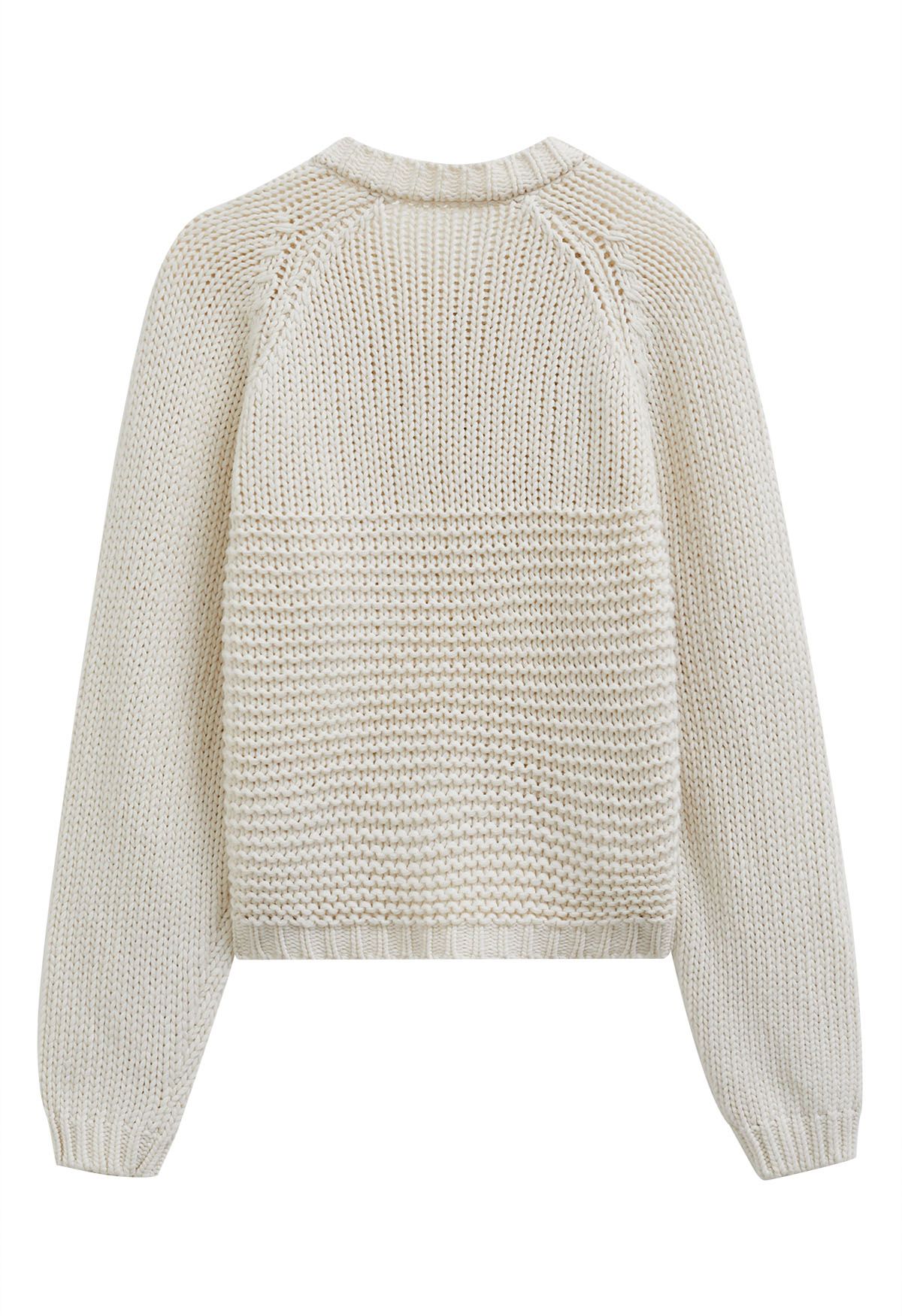 Chunky Buttoned Garter Stitch Knit Cardigan in Ivory