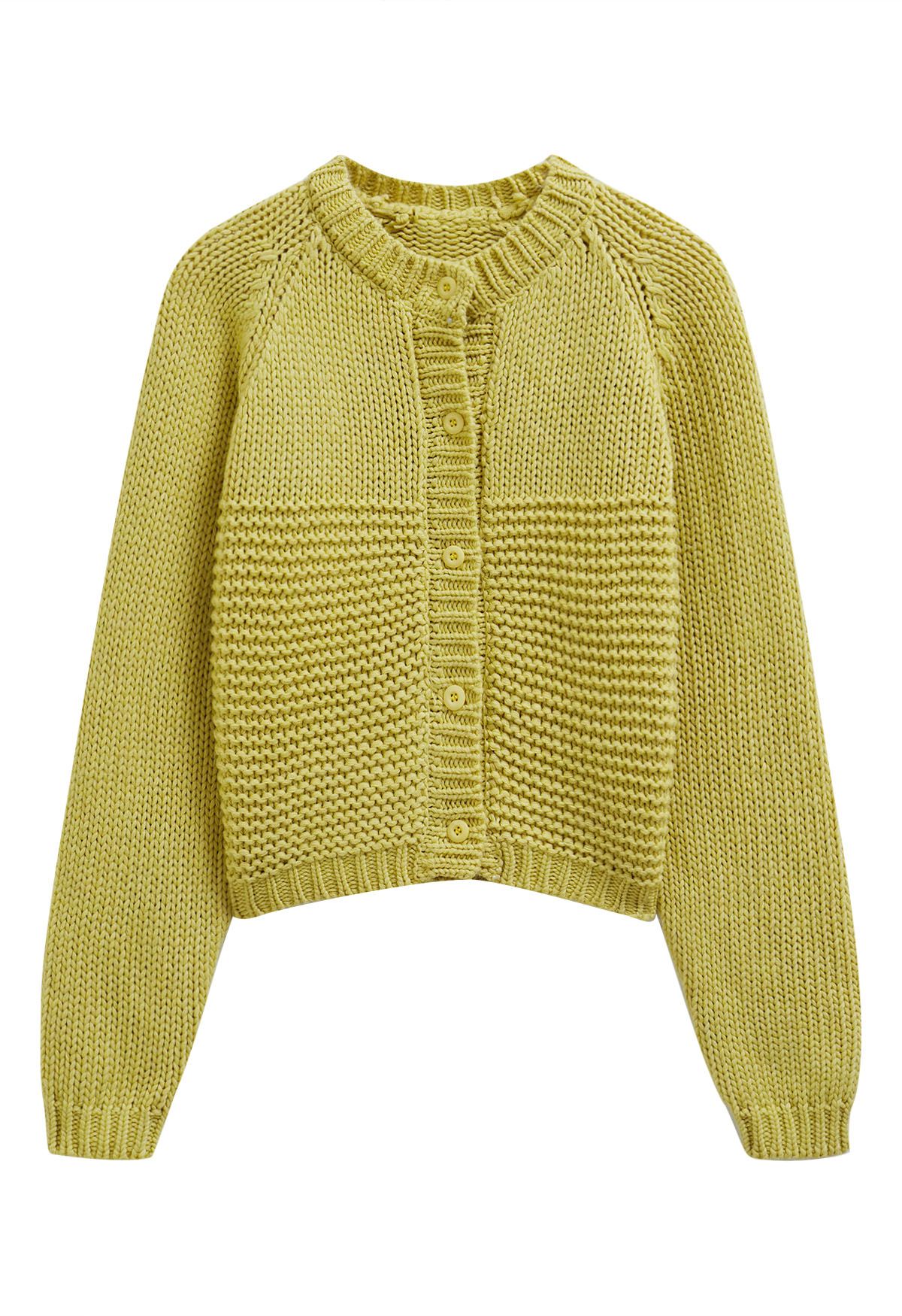 Chunky Buttoned Garter Stitch Knit Cardigan in Lime