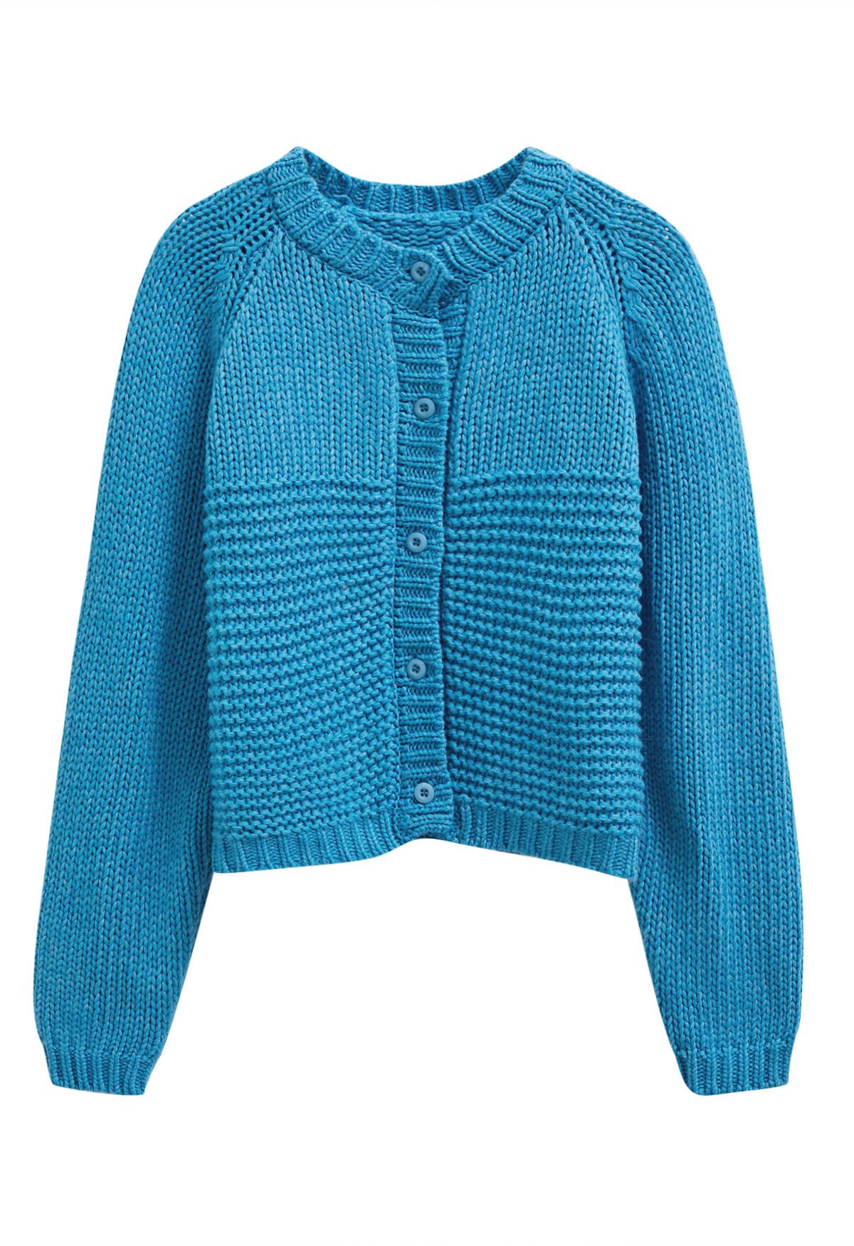 Chunky Buttoned Garter Stitch Knit Cardigan in Blue