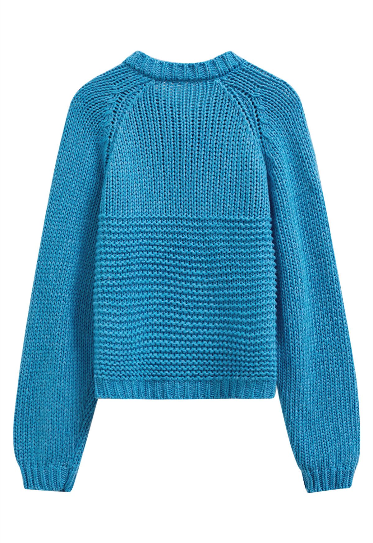 Chunky Buttoned Garter Stitch Knit Cardigan in Blue