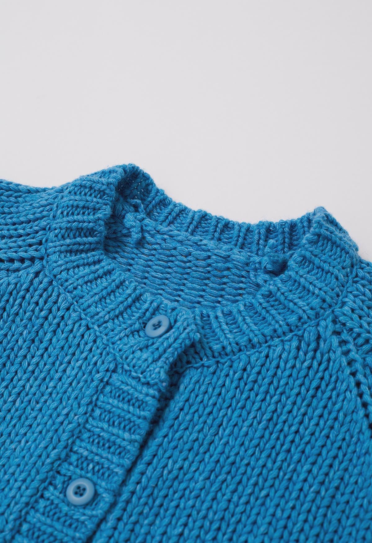 Chunky Buttoned Garter Stitch Knit Cardigan in Blue