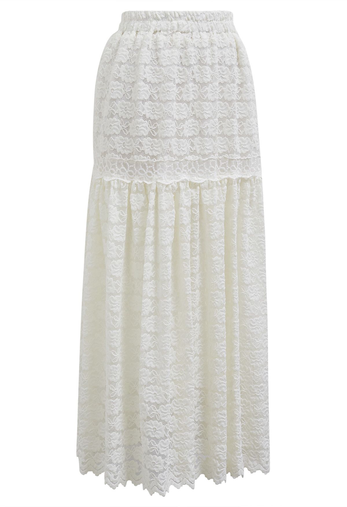 Full Floral Lace Scalloped Hem Maxi Skirt in Cream