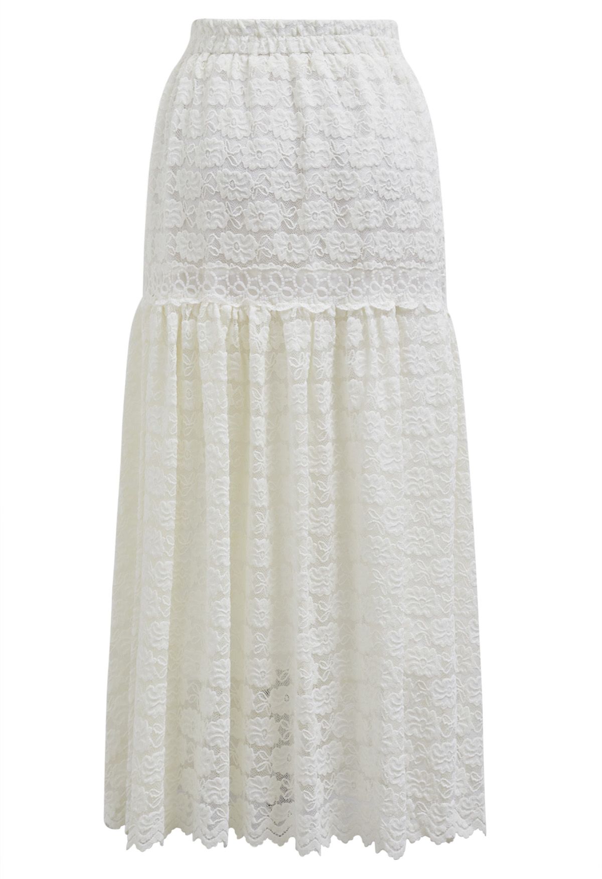 Full Floral Lace Scalloped Hem Maxi Skirt in Cream