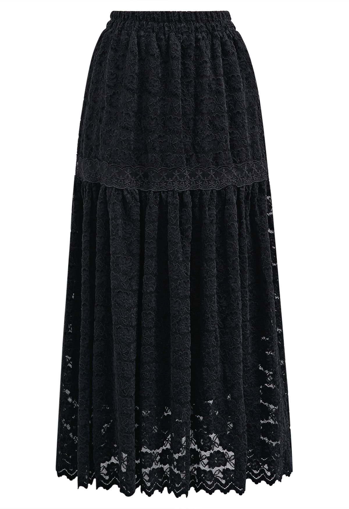 Full Floral Lace Scalloped Hem Maxi Skirt in Black