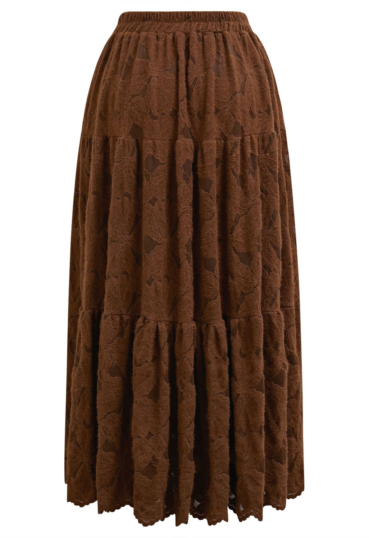 Fuzzy Floral Lace Midi Skirt in Caramel