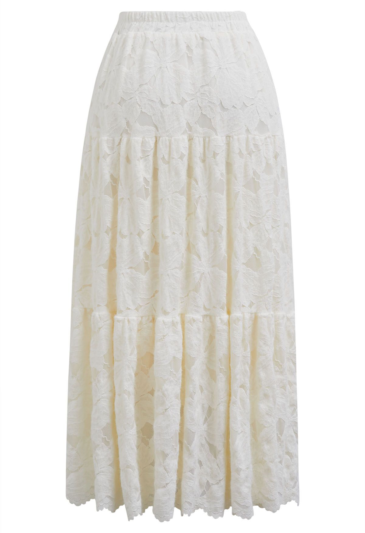 Fuzzy Floral Lace Midi Skirt in Cream