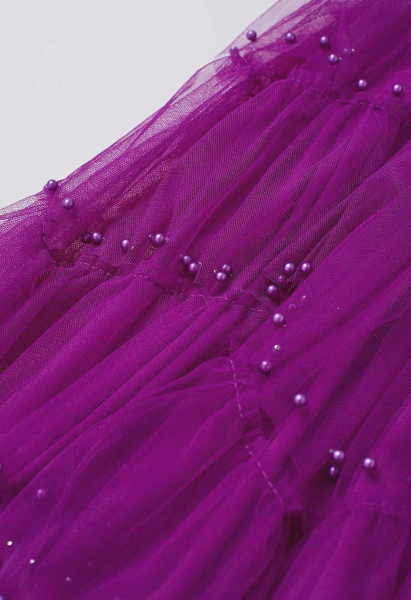 Ethereal Tiered Pearl Tulle Maxi Skirt in Violet