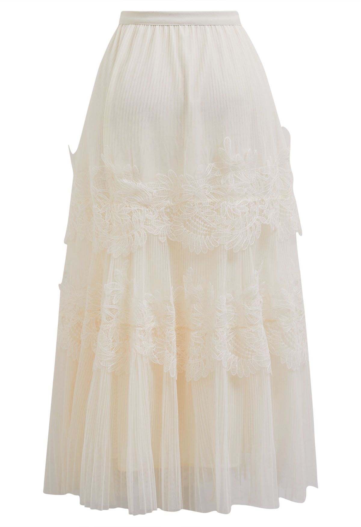 Embroidered Floral Double-Layered Mesh Maxi Skirt in Cream