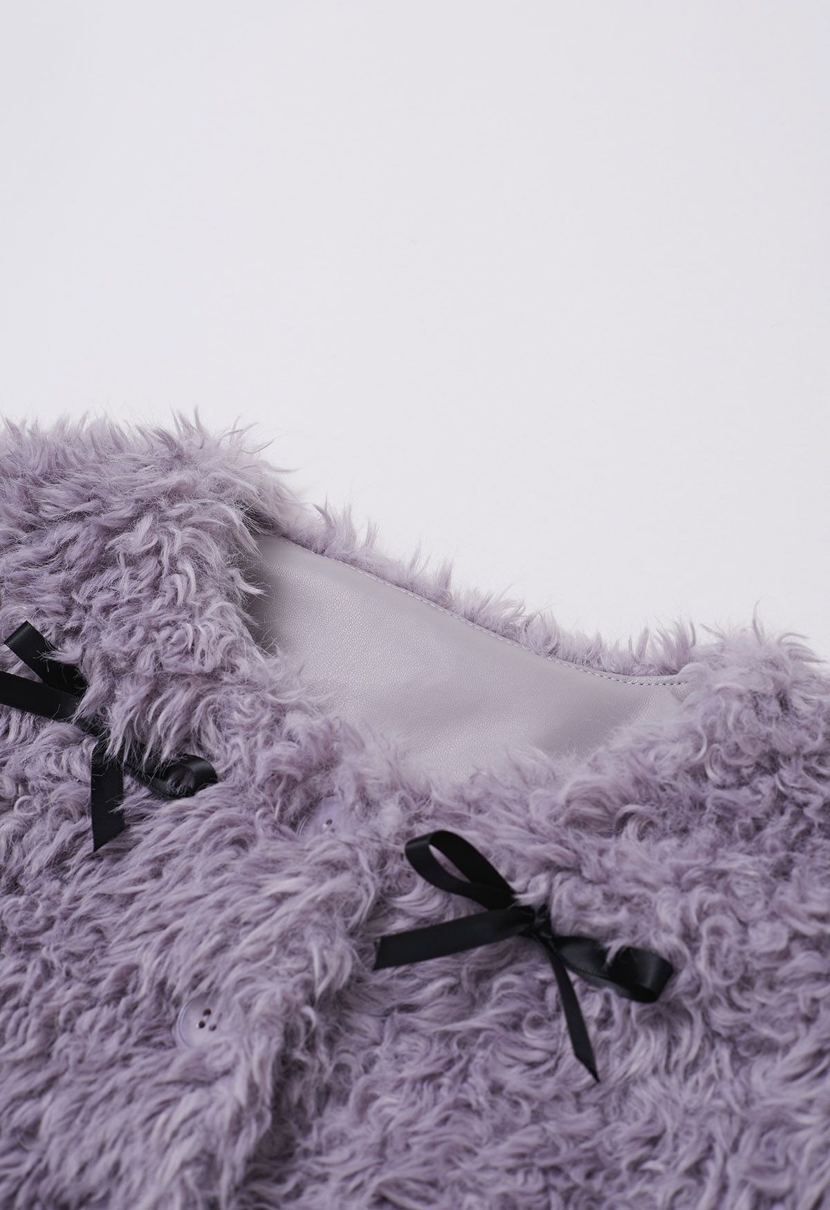 Satin Bowknot Detail Faux Fur Coat in Lavender