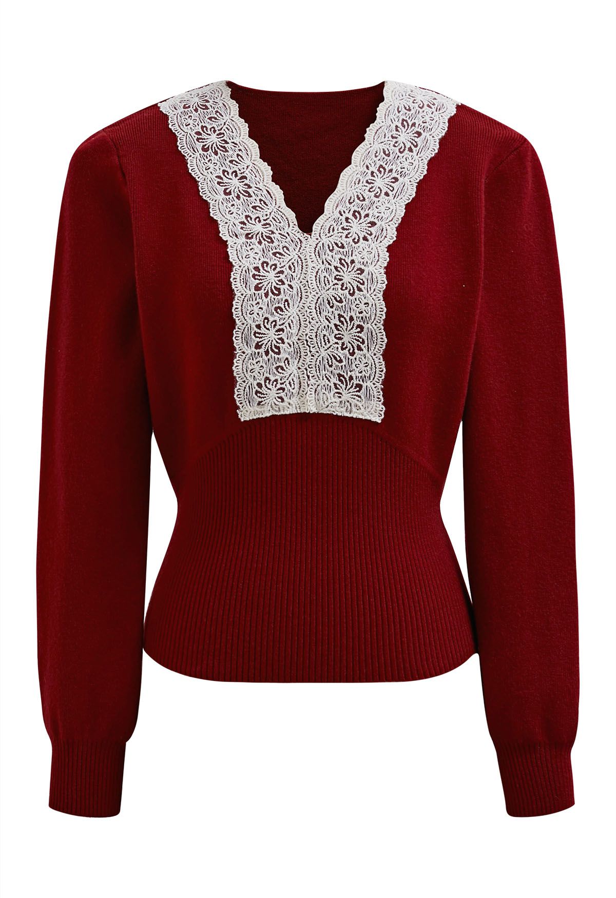 Lace Trim Fitted Knit Top in Red