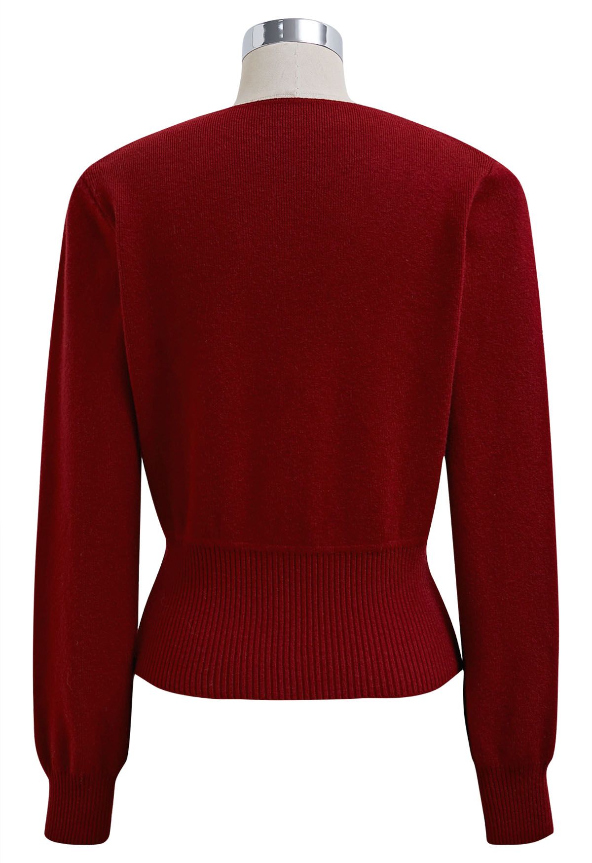 Lace Trim Fitted Knit Top in Red