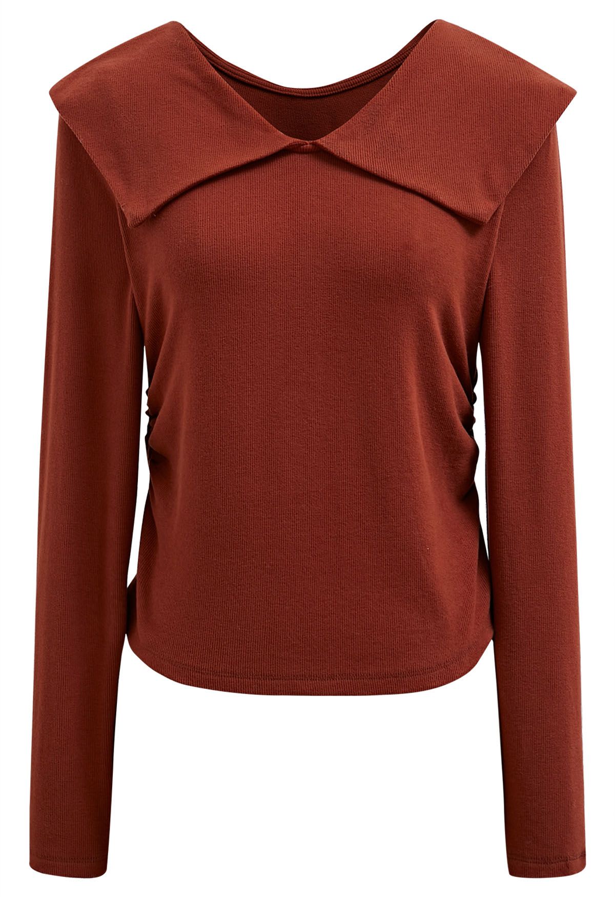 Flap Collar Ruched Side Long Sleeve Top in Rust Red