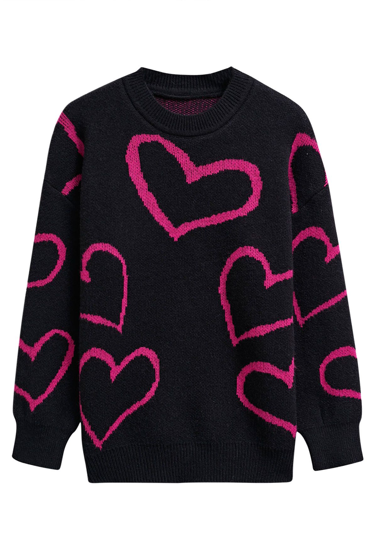 Lovable Heart Crew Neck Knit Sweater in Black