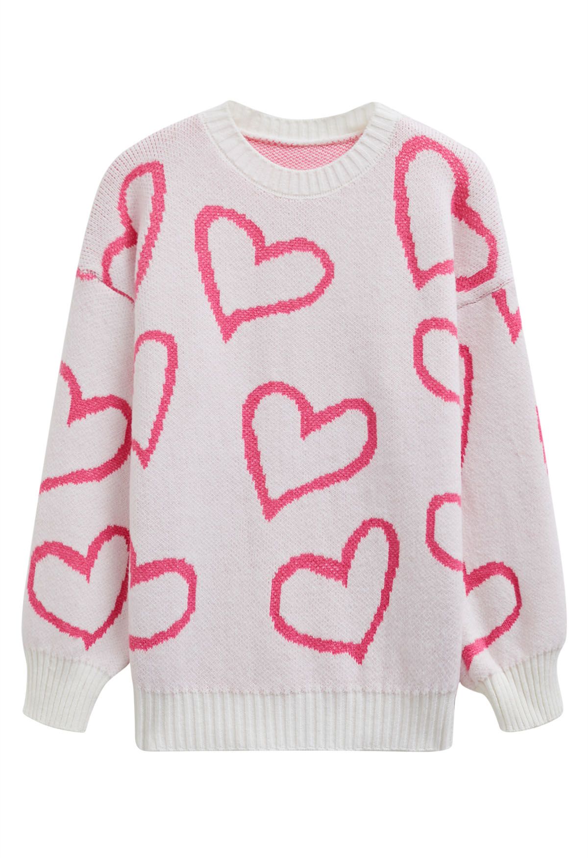 Lovable Heart Crew Neck Knit Sweater in Light Pink