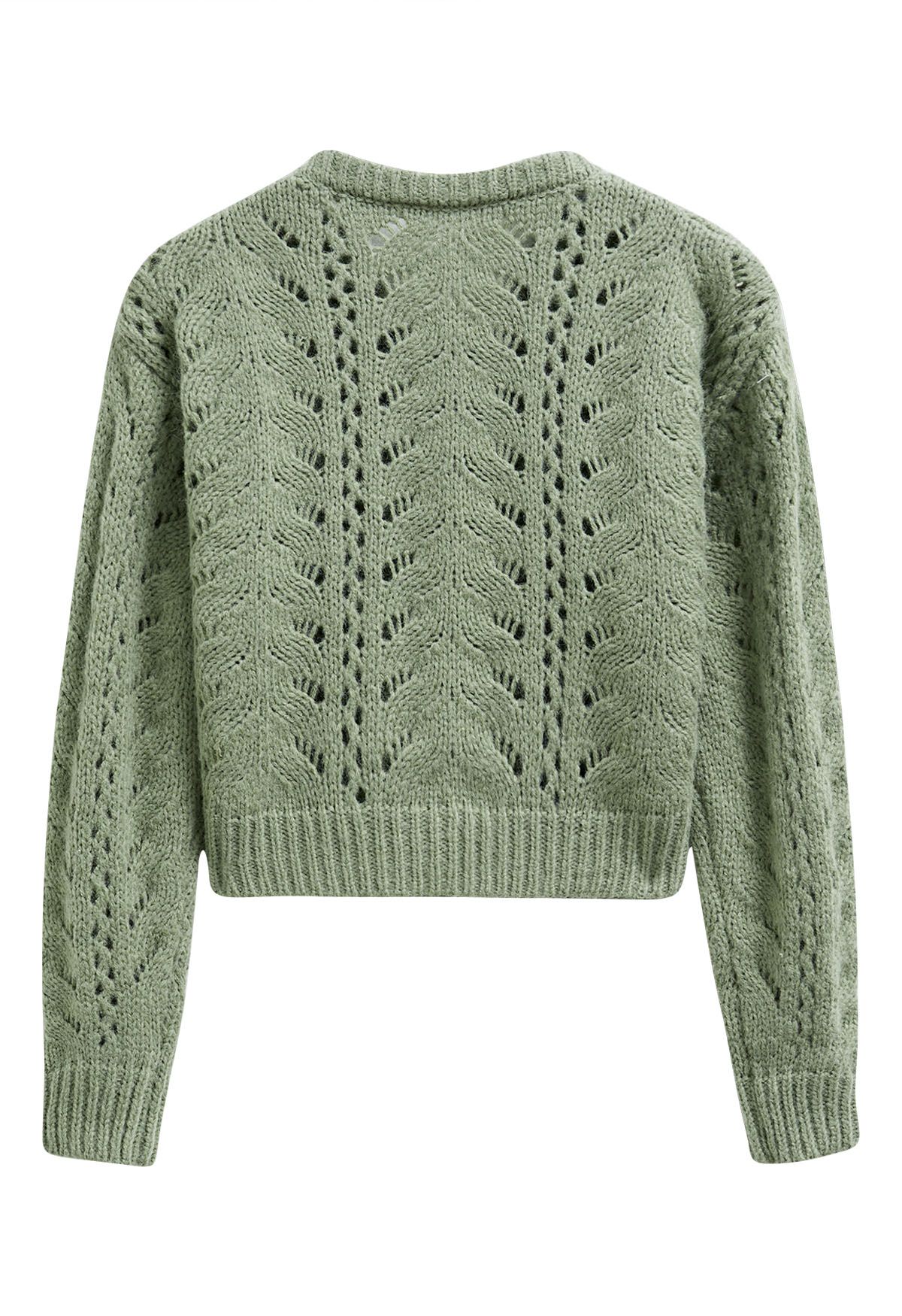 Heart Button Hollow Out Crop Knit Cardigan in Pistachio