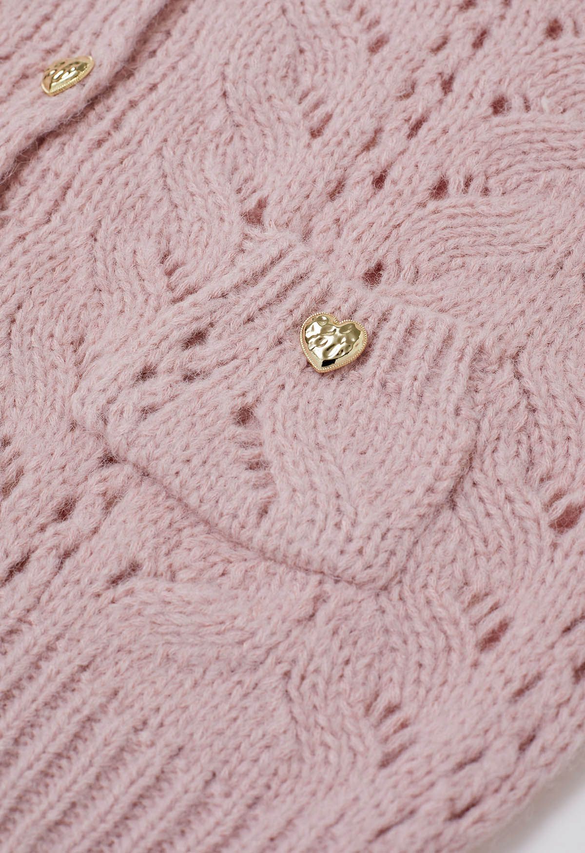 Heart Button Hollow Out Crop Knit Cardigan in Pink