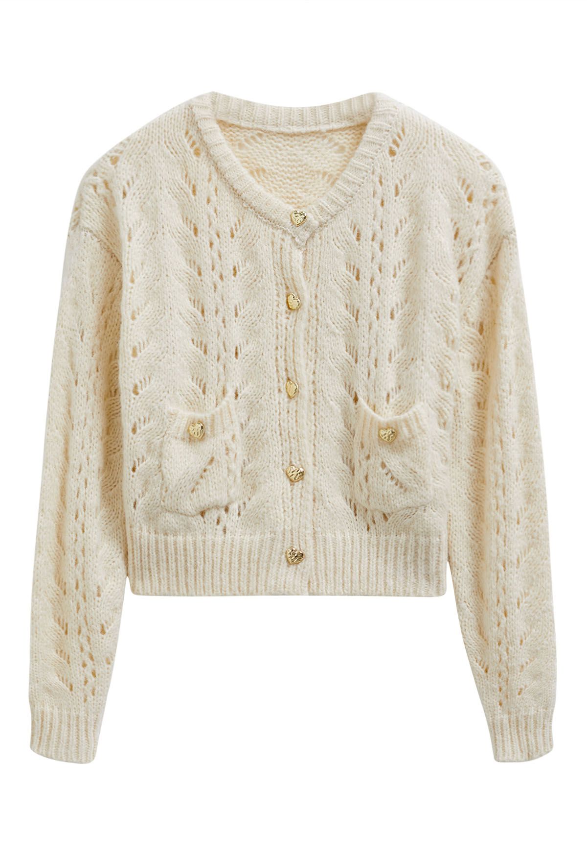 Heart Button Hollow Out Crop Knit Cardigan in Cream