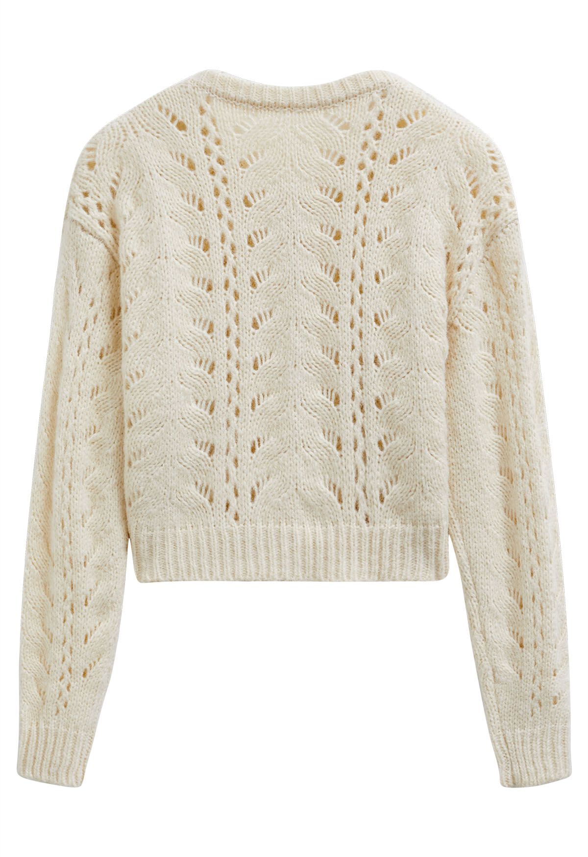 Heart Button Hollow Out Crop Knit Cardigan in Cream