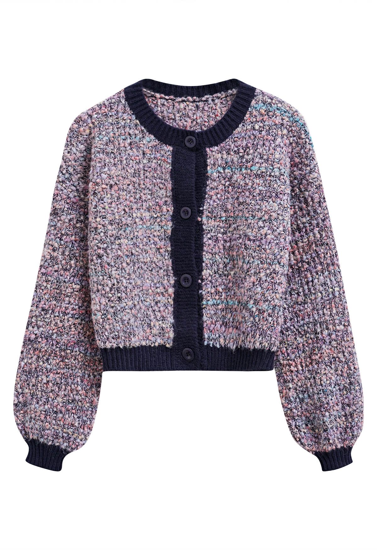 Confetti Puff Sleeves Crop Button Knit Cardigan