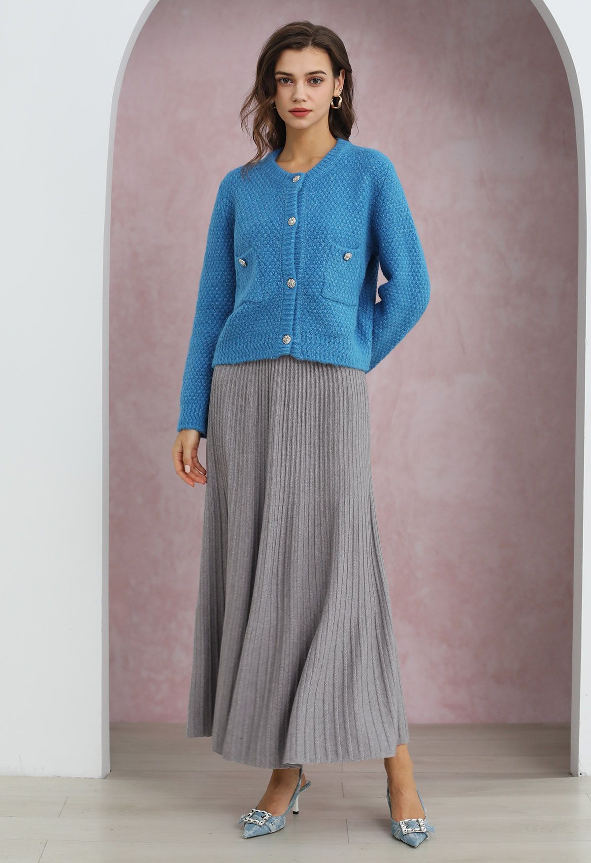 Gentle Touch Ribbed Knit Maxi Skirt in Grey