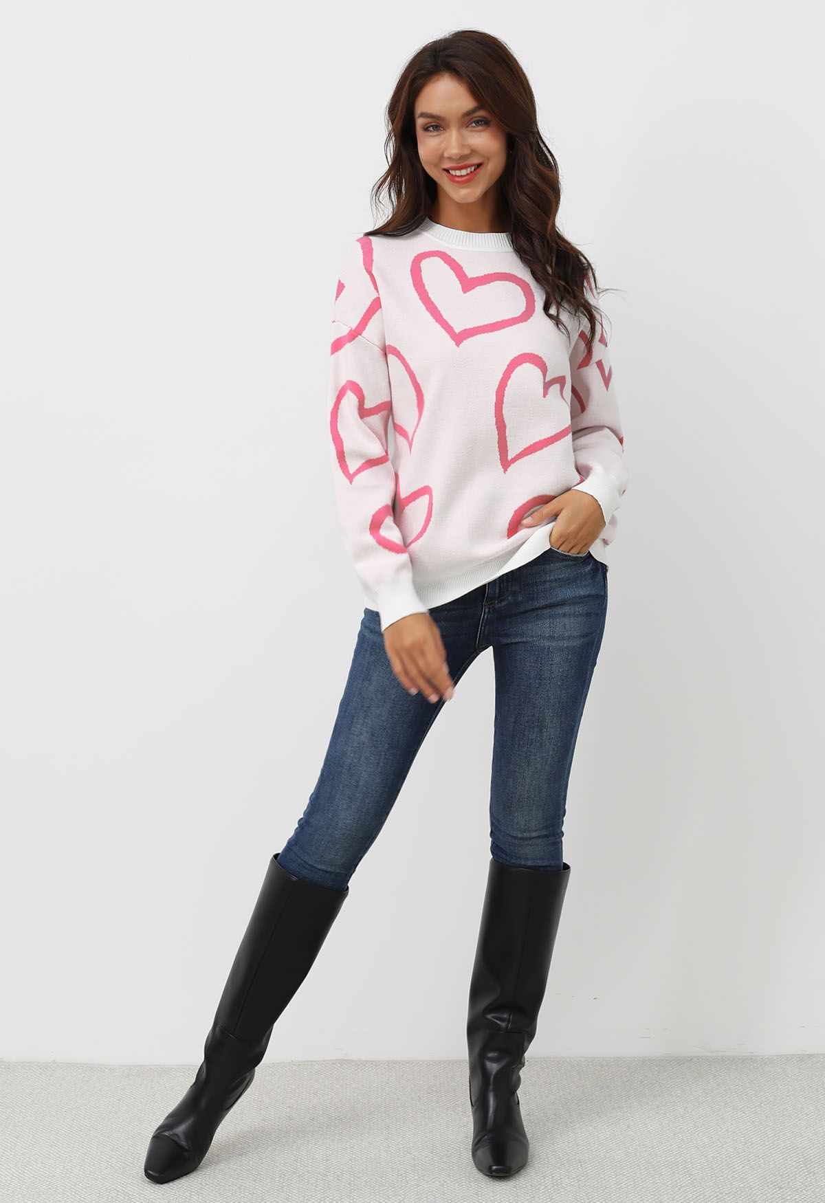 Lovable Heart Crew Neck Knit Sweater in Light Pink