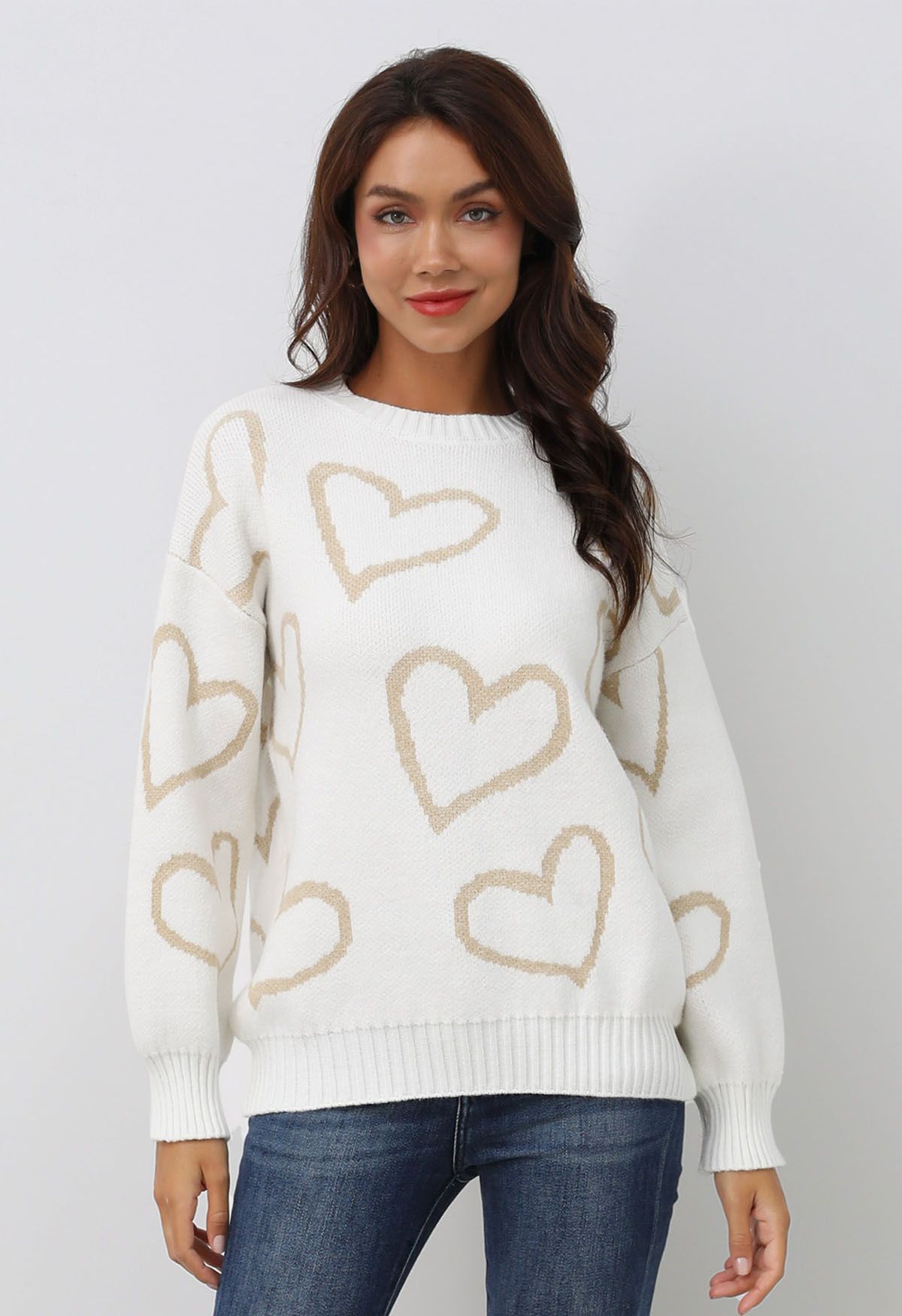 Lovable Heart Crew Neck Knit Sweater in White