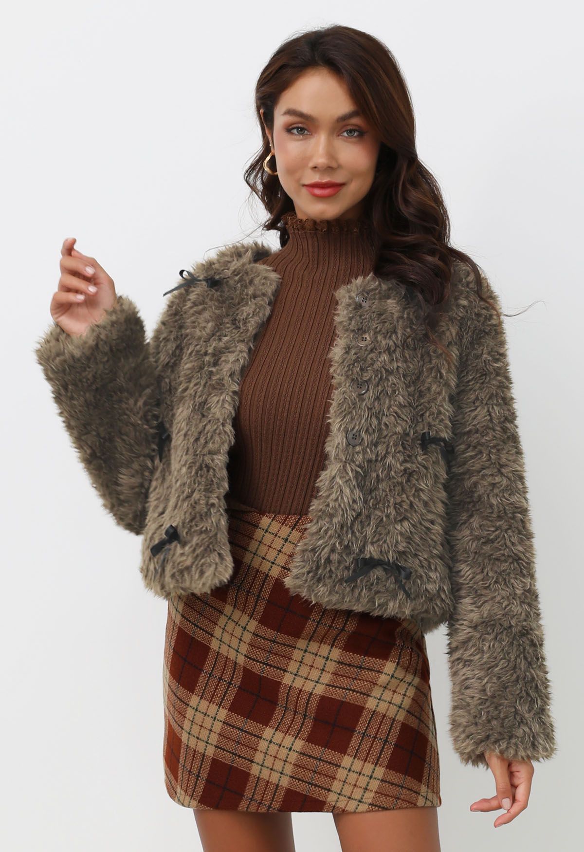 Satin Bowknot Detail Faux Fur Coat in Brown