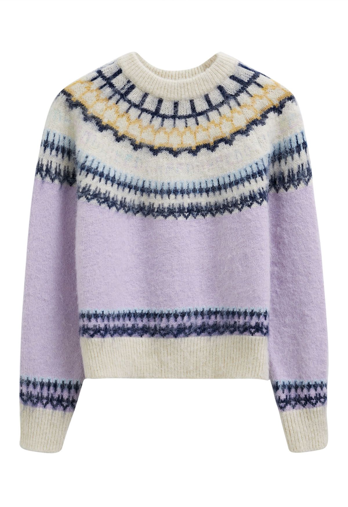 Multicolored Fair Isle Fuzzy Knit Sweater in Lilac