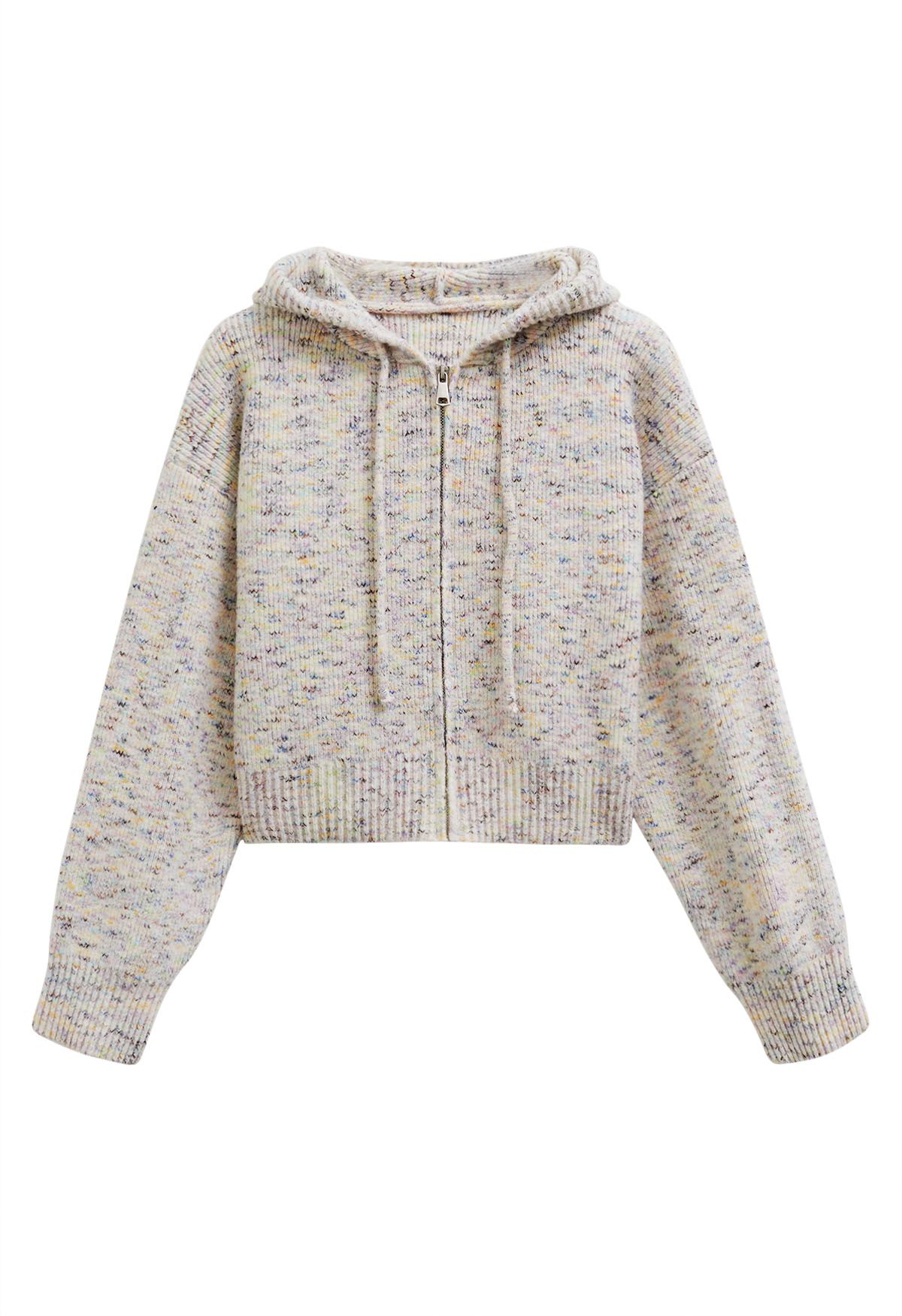 Zipper Drawstring Hooded Confetti Knit Cardigan in Ivory