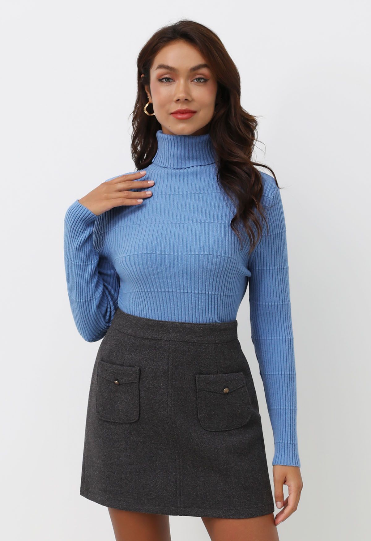 Softness Turtleneck Ribbed Texture Knit Top in Blue