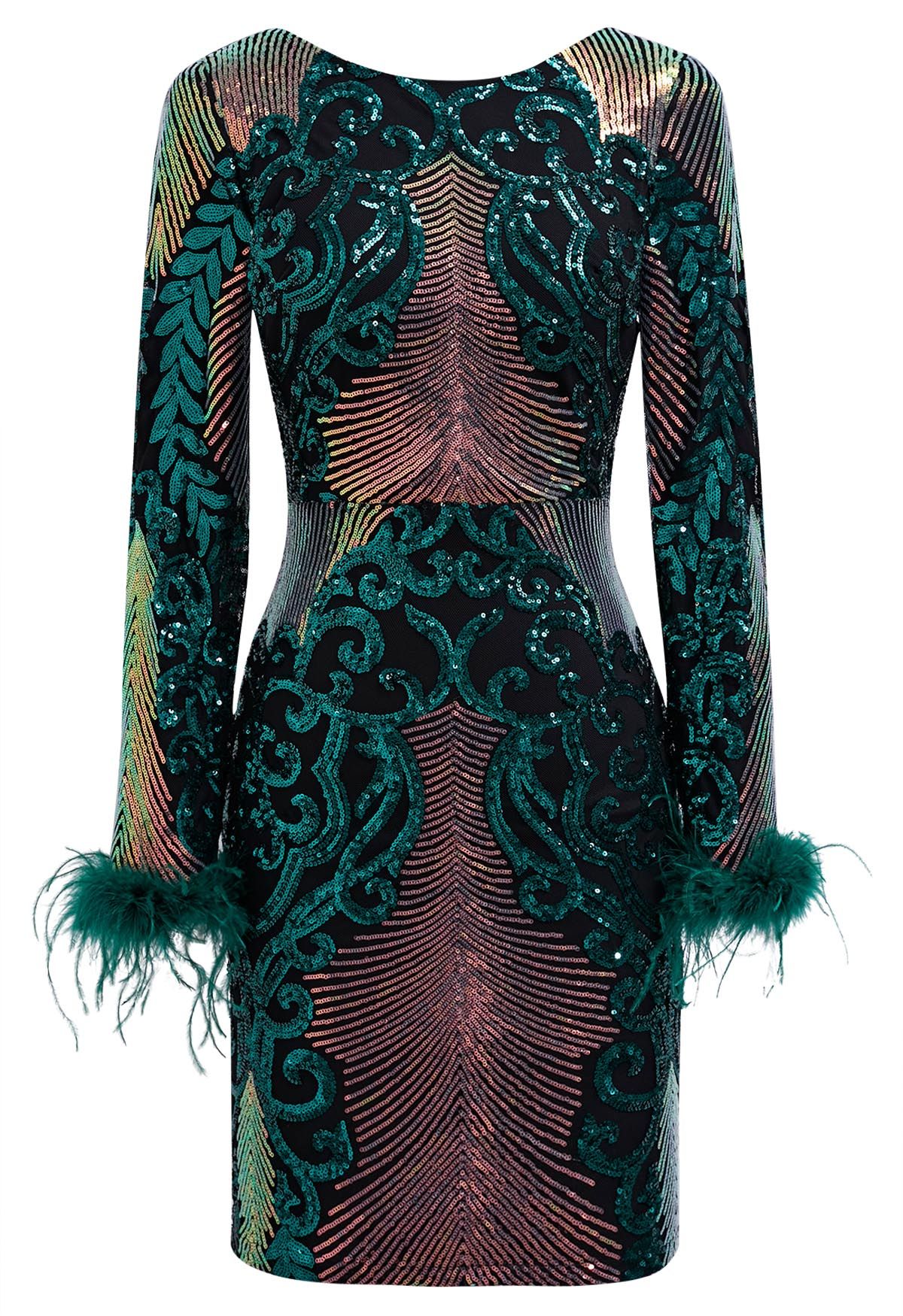 Dazzling Sequins Vine Feather Trim Bodycon Dress in Dark Green