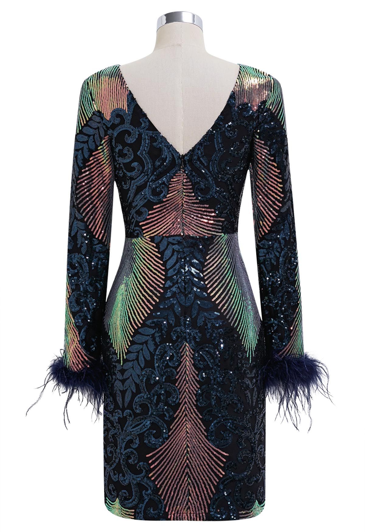 Dazzling Sequins Vine Feather Trim Bodycon Dress in Navy