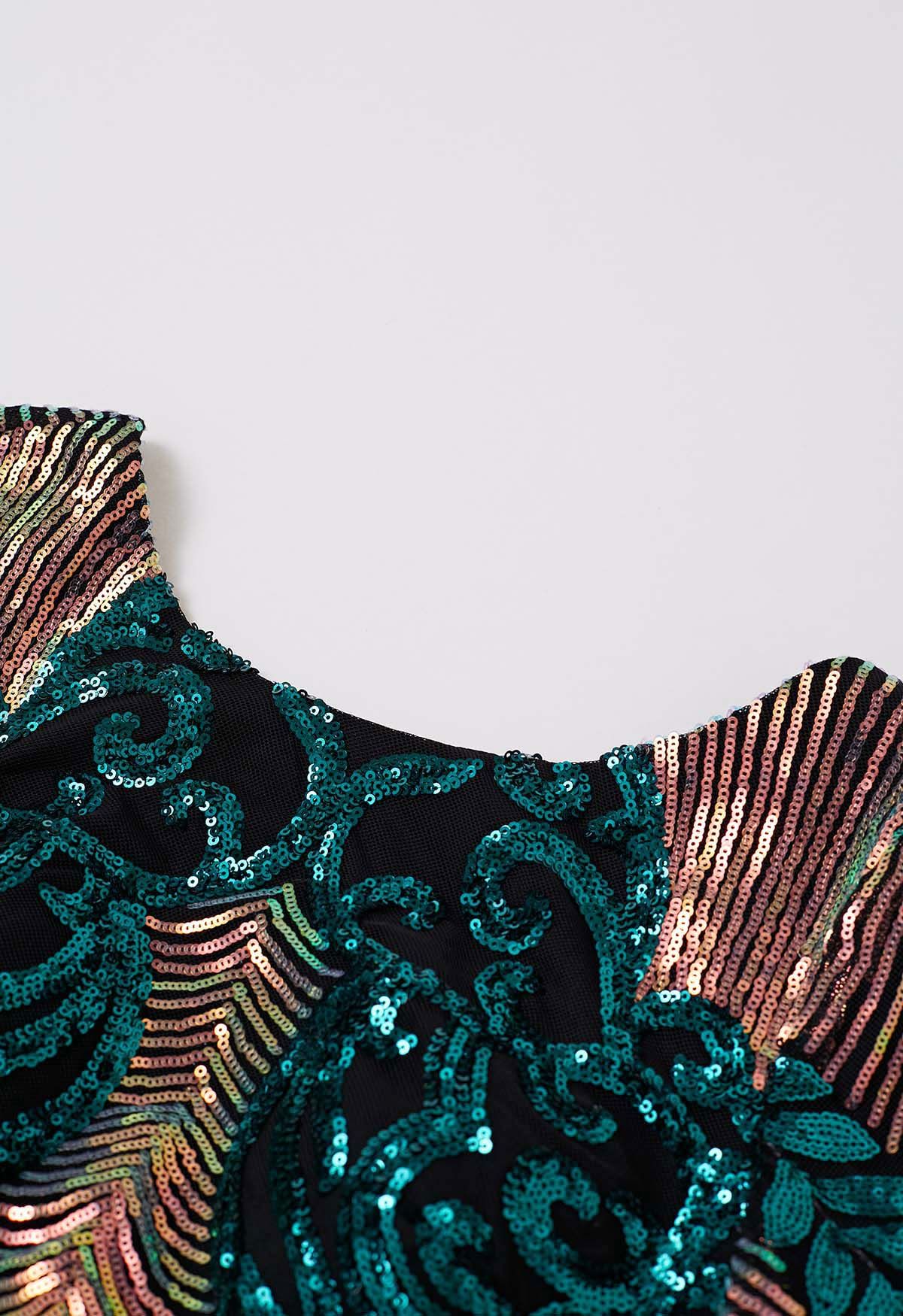 Dazzling Sequins Vine Feather Trim Bodycon Dress in Dark Green