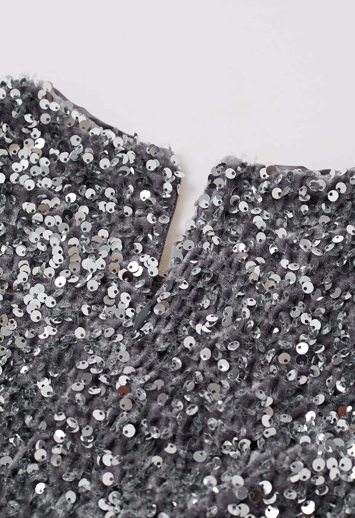 Glistening Silver Sequins Flare Cuffs Velvet Bodycon Dress