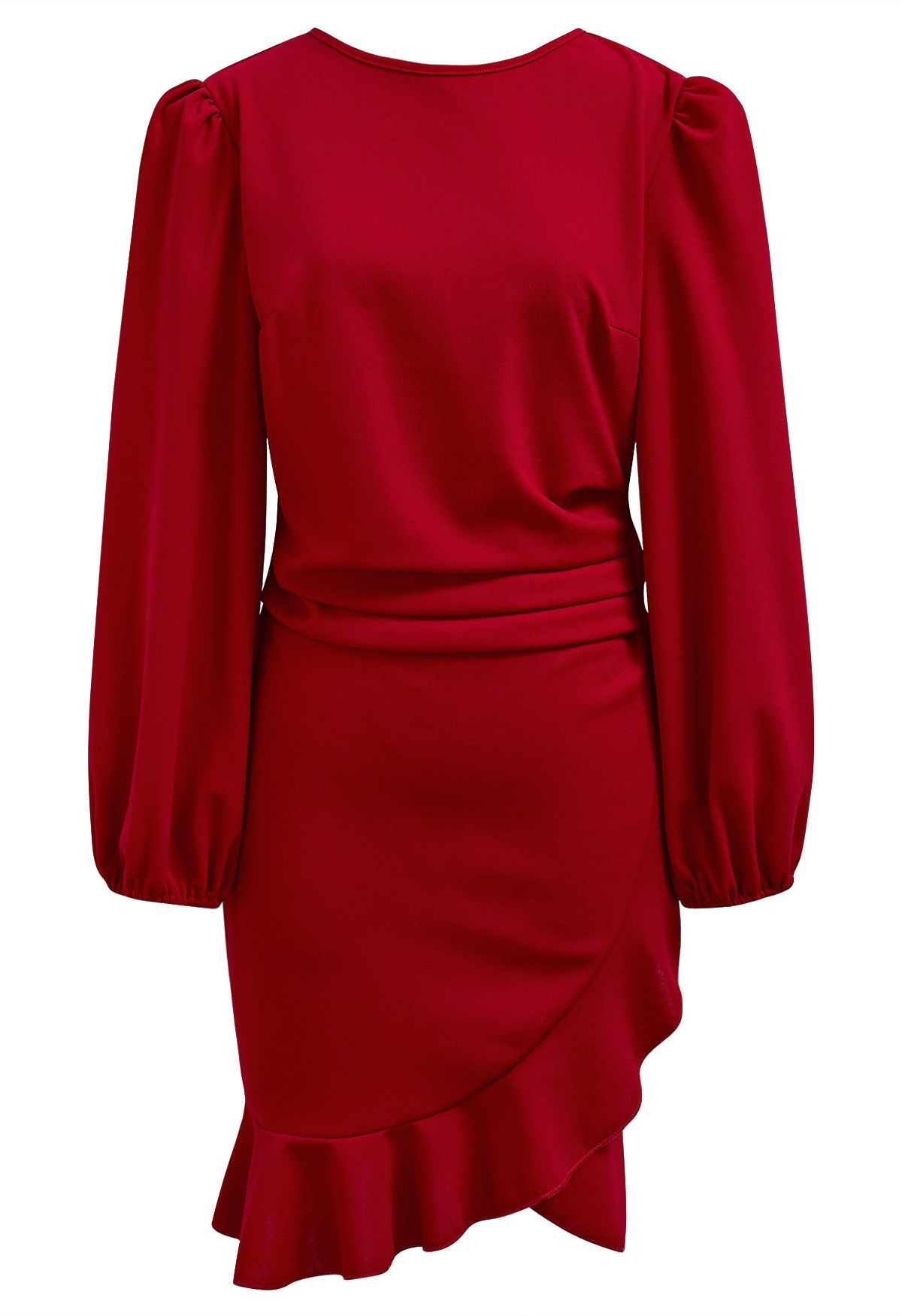 Ruched Side Ruffle Tulip Mini Dress in Red