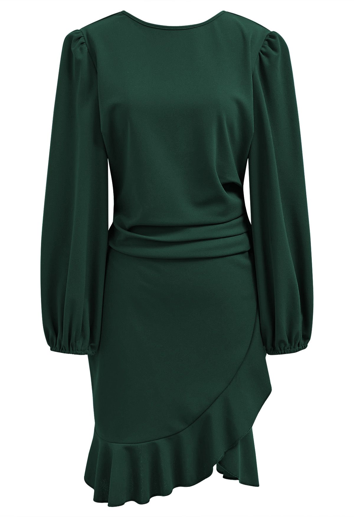 Ruched Side Ruffle Tulip Mini Dress in Dark Green