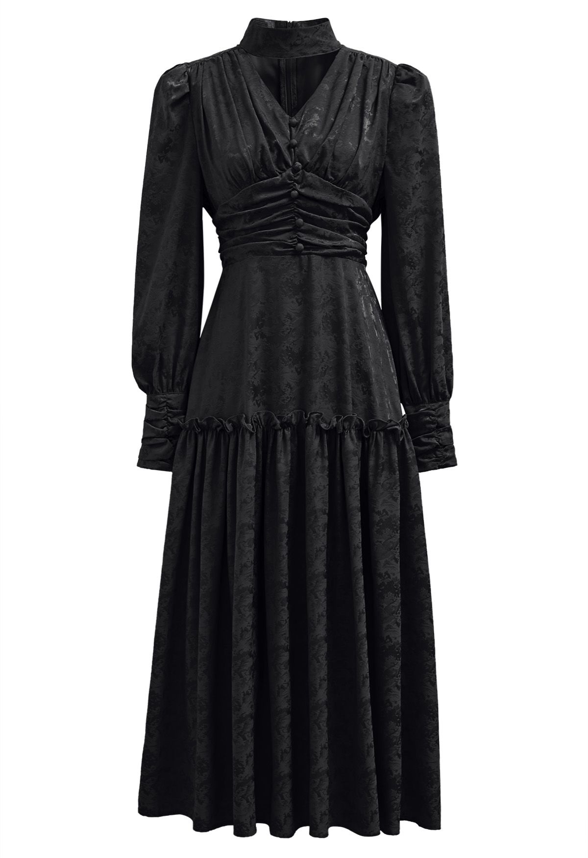 Choker V-Neck Ruched Waist Jacquard Midi Dress in Black